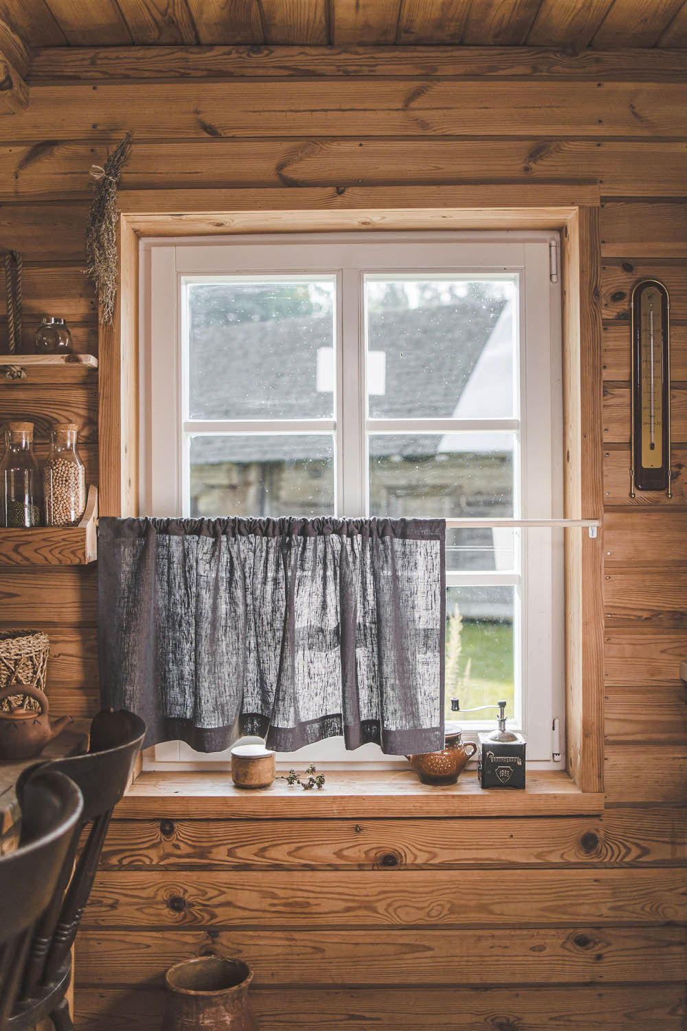 Schwerer Café-Vorhang aus Leinen in Anthrazitgrau