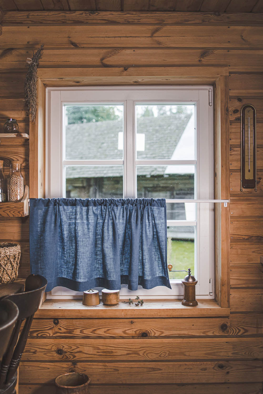 Kornblumenblauer Café-Vorhang aus Leinen