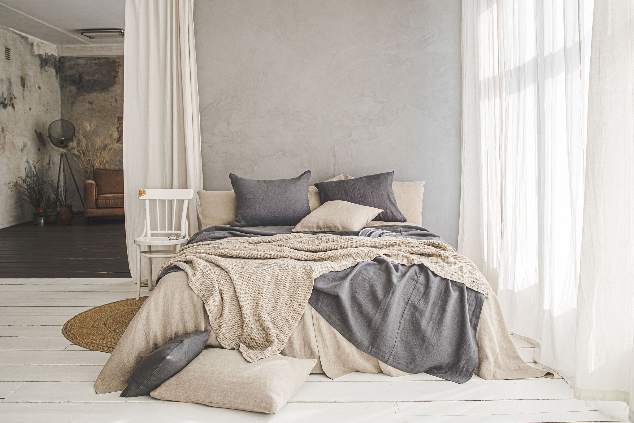 Natürliche, schwere Überwurfdecke aus Waffelleinen