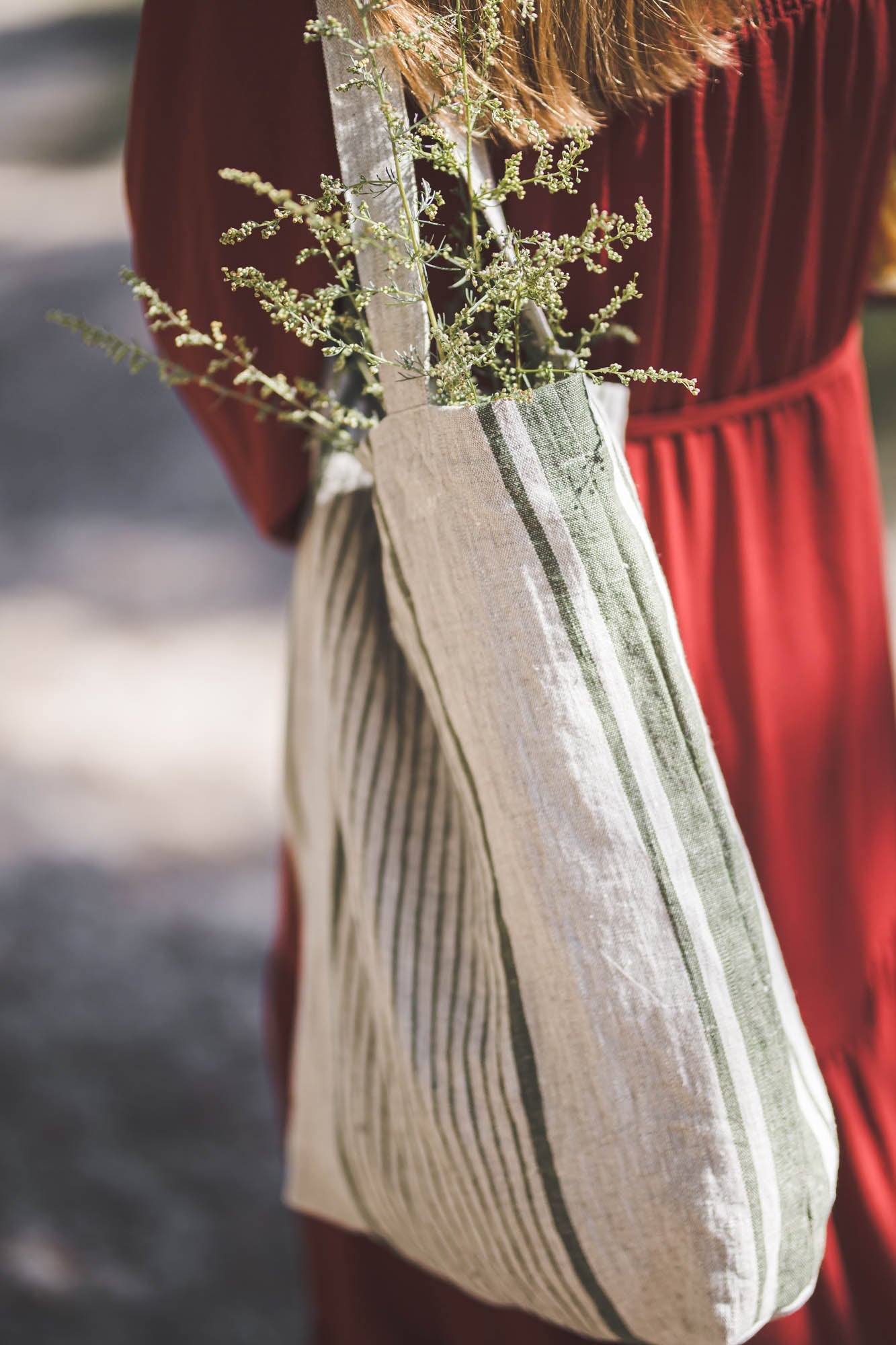 Leinen-Einkaufstasche mit grünen Streifen