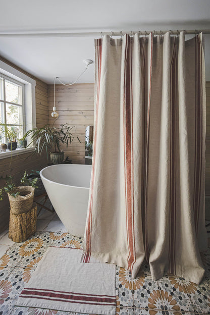 Duschvorhang aus Leinen im französischen Stil mit kirschroten Streifen