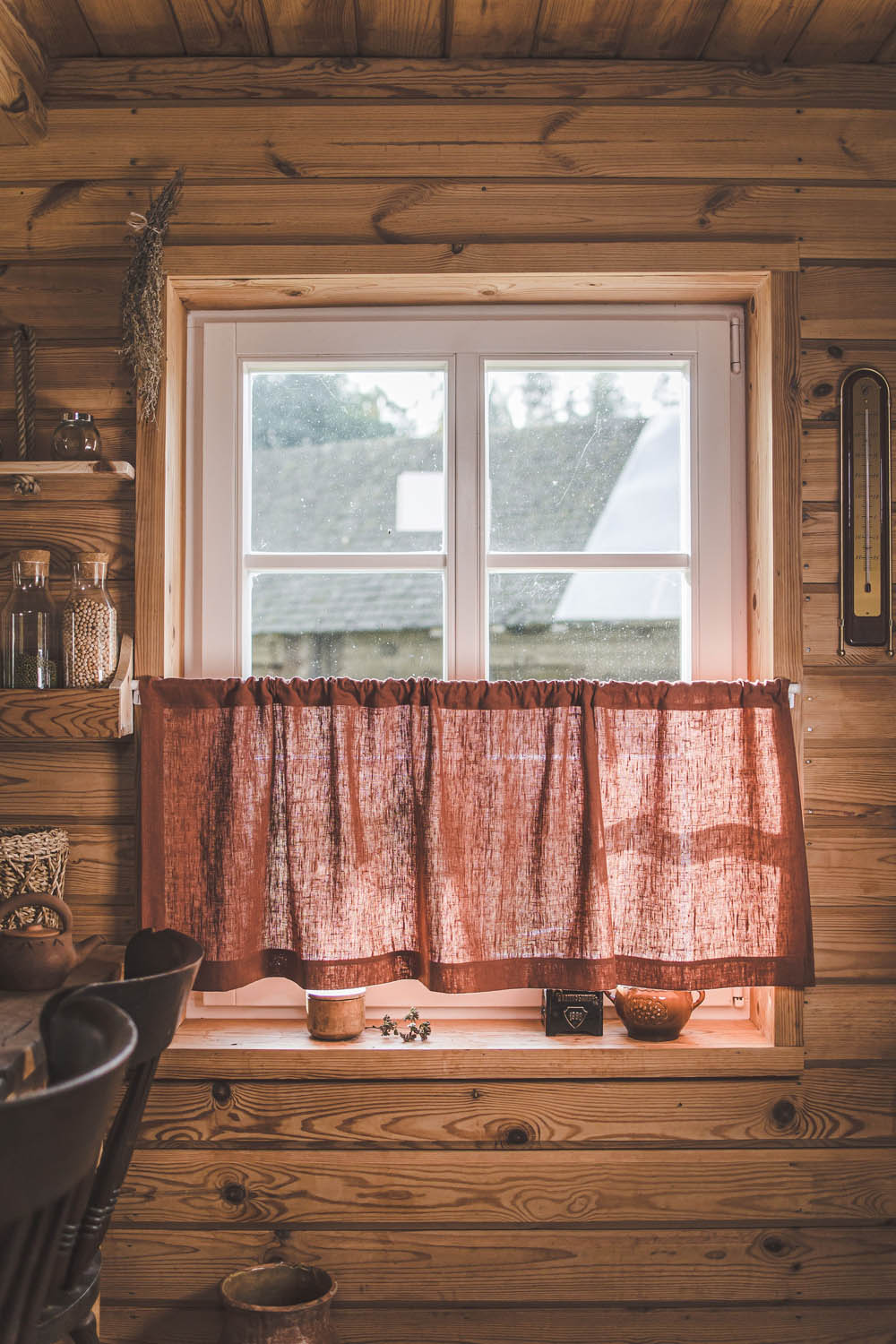 Schwerer Café-Vorhang aus Leinen in gebranntem Orange
