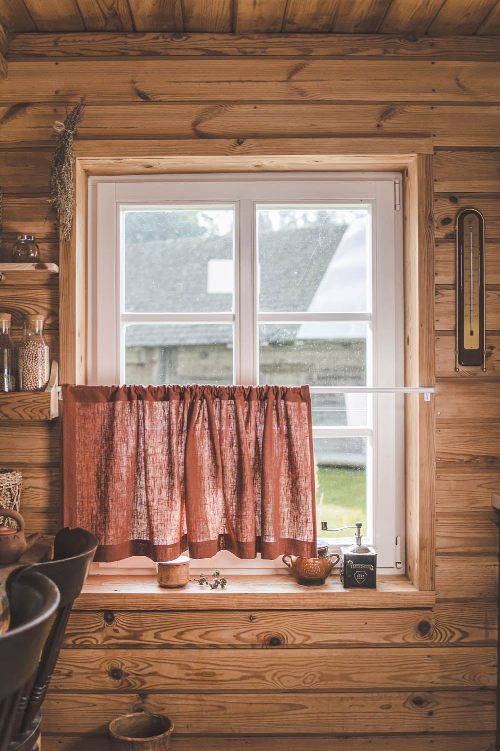Schwerer Café-Vorhang aus Leinen in gebranntem Orange