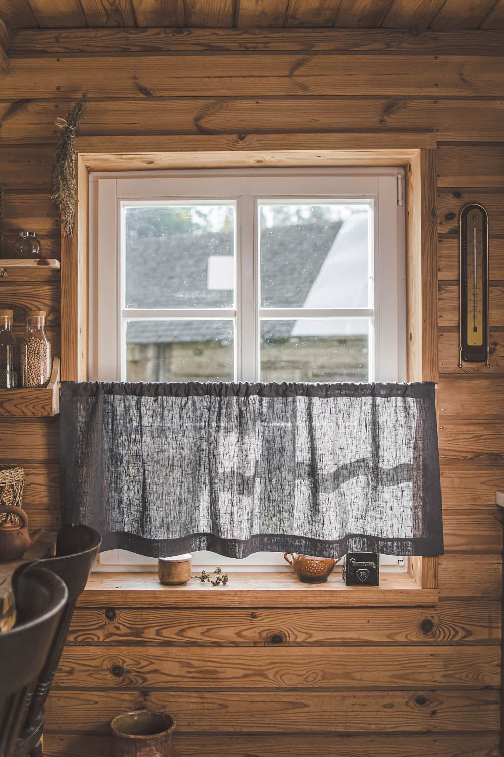 Schwerer Café-Vorhang aus Leinen in Anthrazitgrau