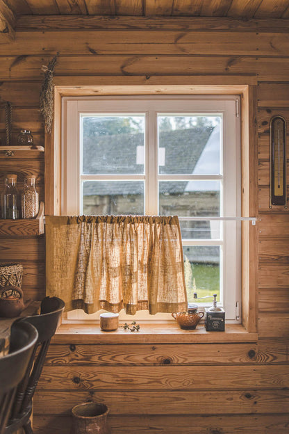 Schwerer Café-Vorhang aus kamelfarbenem Leinen