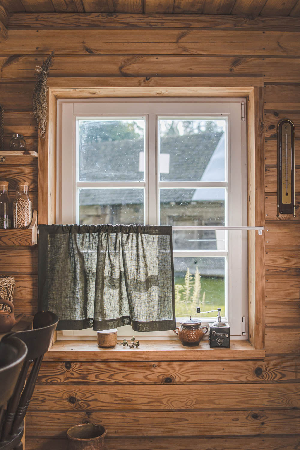 Waldgrüner Café-Vorhang aus Leinen