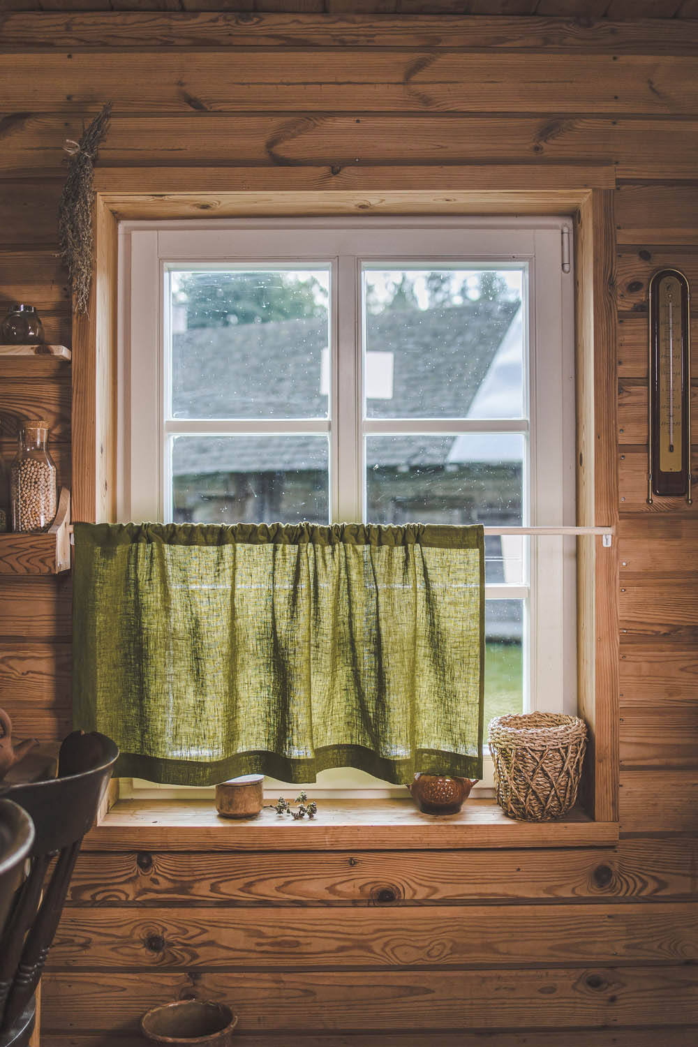 Café-Vorhang aus moosgrünem Leinen