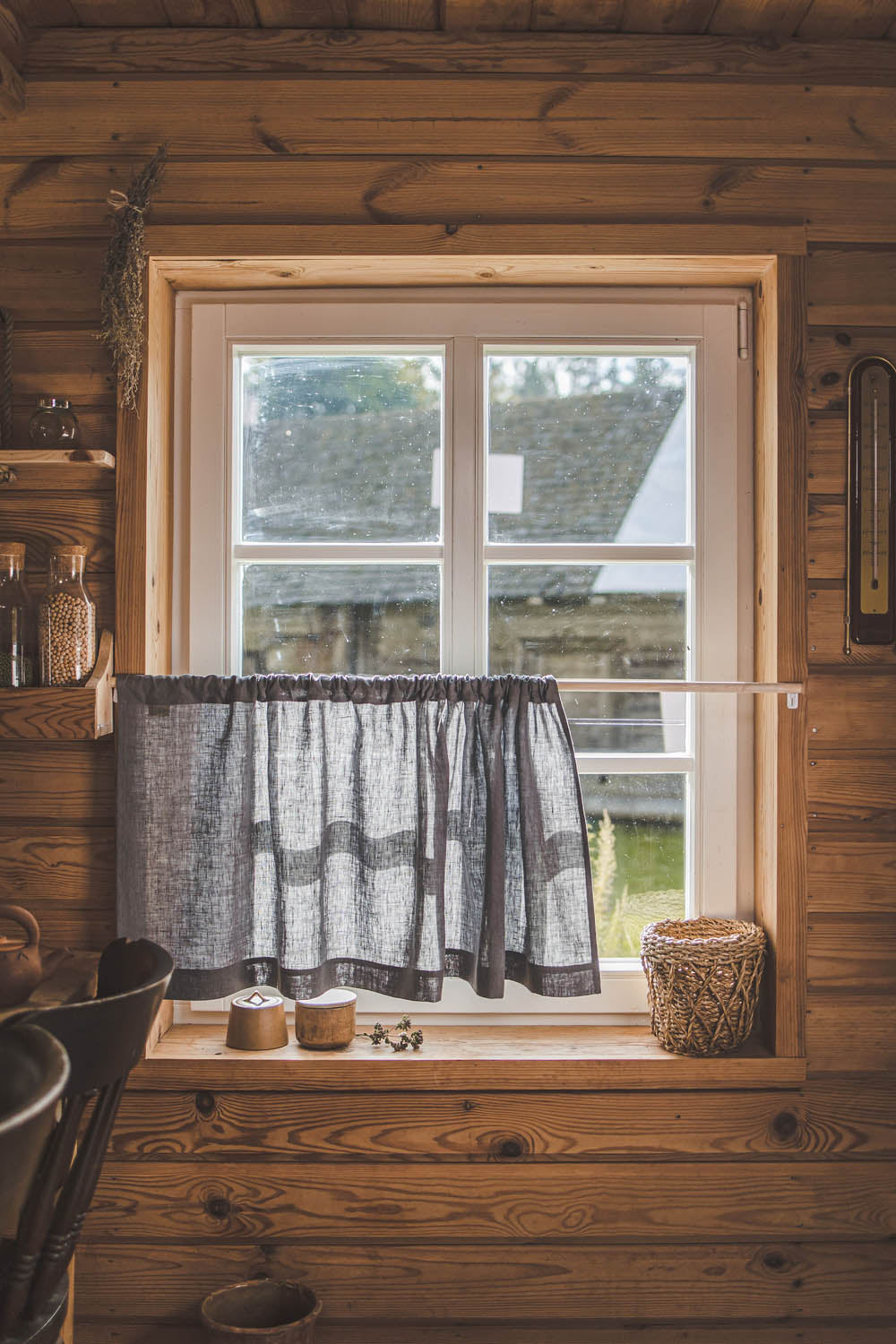 Café-Vorhang aus grauem Leinen