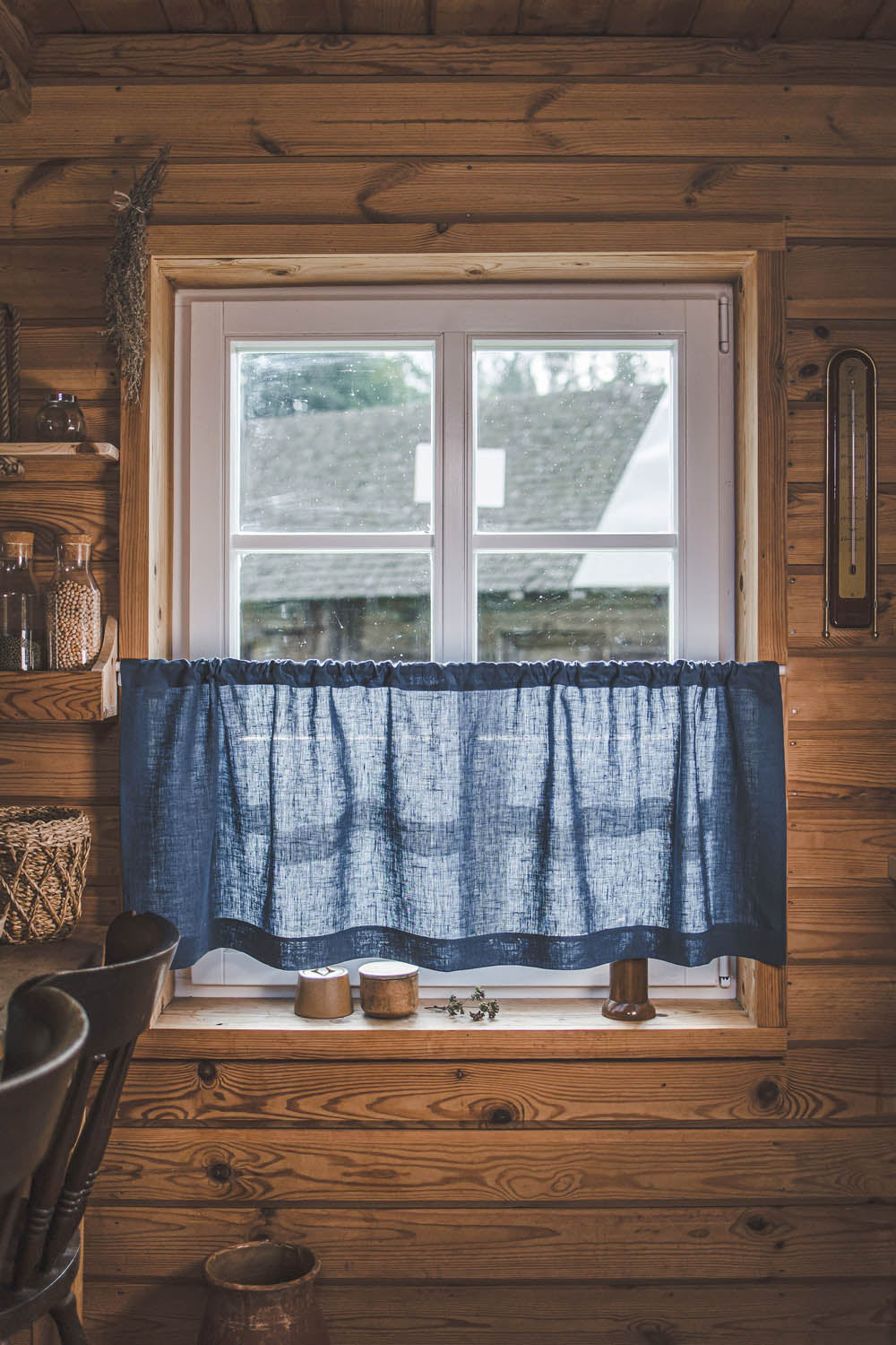 Kornblumenblauer Café-Vorhang aus Leinen