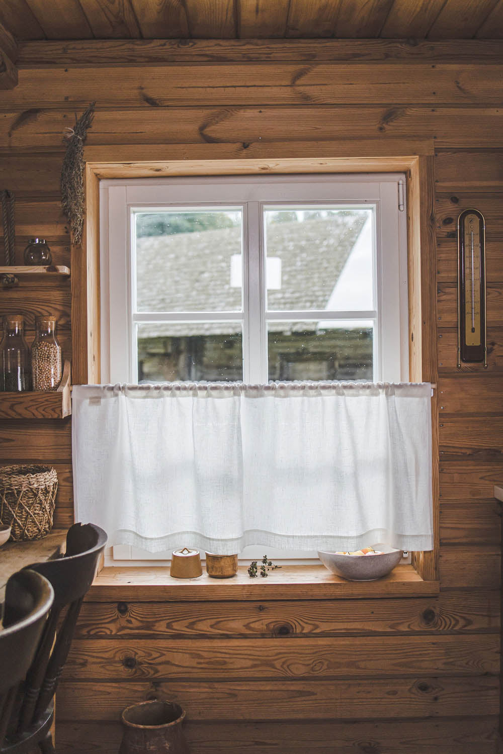 Cremeweißer Café-Vorhang aus Leinen