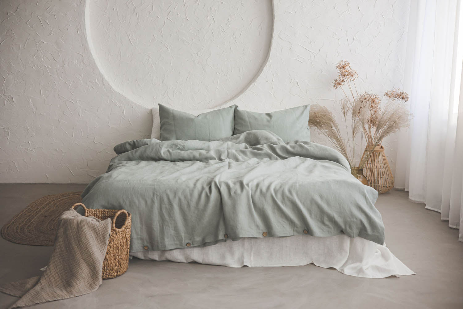 Frostig grüner Leinen-Bettbezug mit Knöpfen