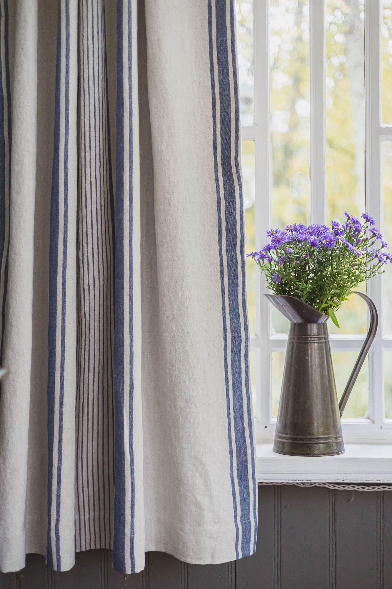 Verdunkelungsvorhang aus Leinen im französischen Stil mit blauen Streifen und multifunktionalem Kräuselband
