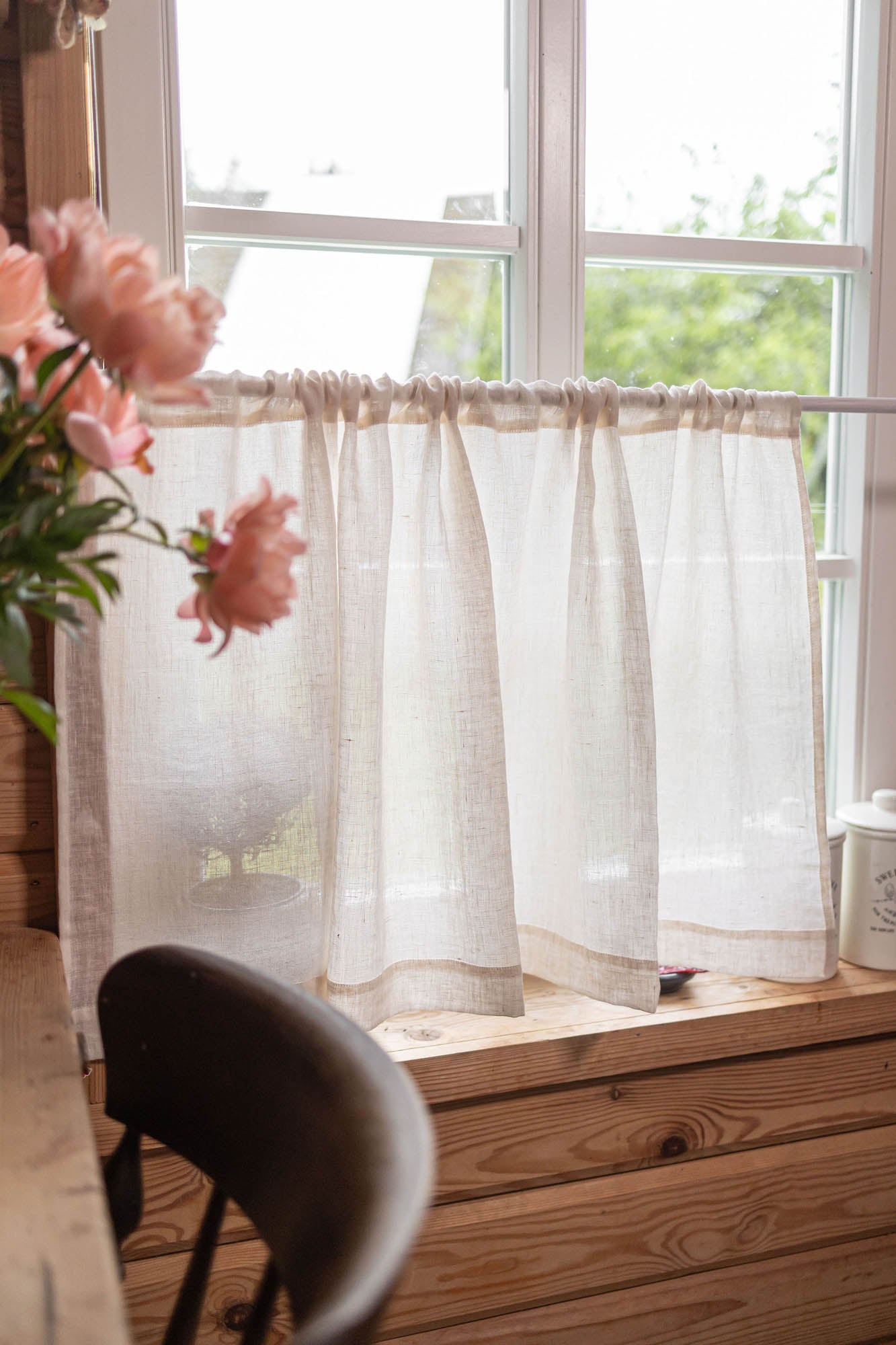 Transparenter Café-Vorhang aus Leinen in Hellcreme