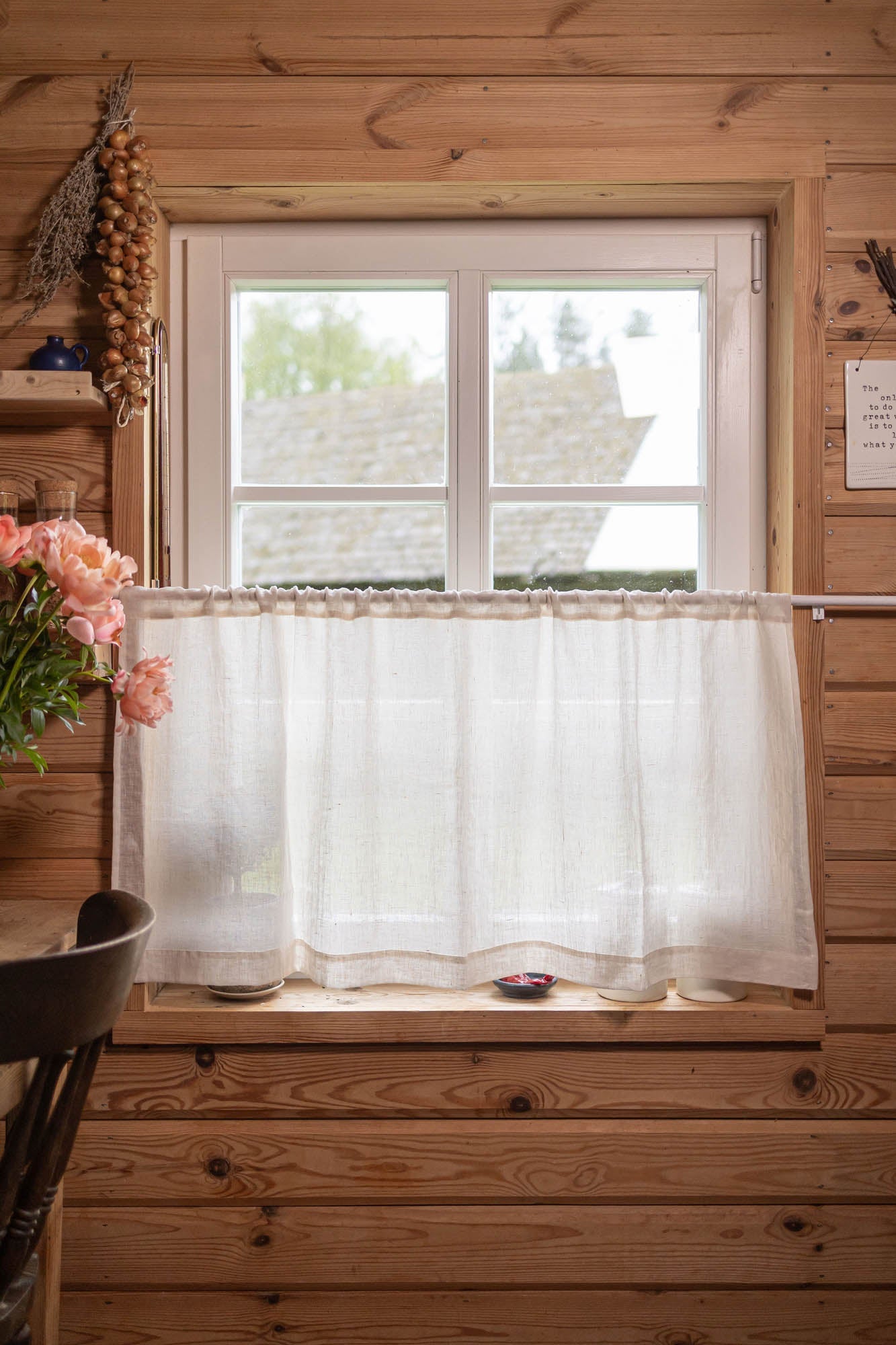 Transparenter Café-Vorhang aus Leinen in Hellcreme