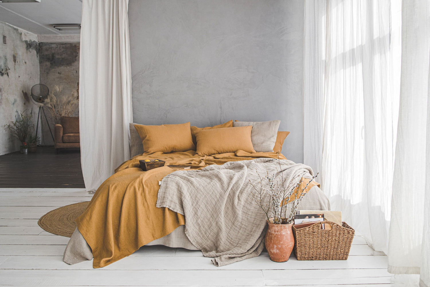 Natürliche, schwere Überwurfdecke aus Waffelleinen