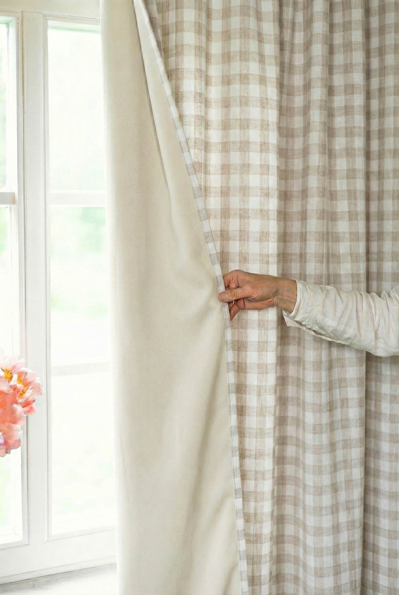 Verdunkelungsvorhang aus kariertem Leinen mit multifunktionalem Kräuselband