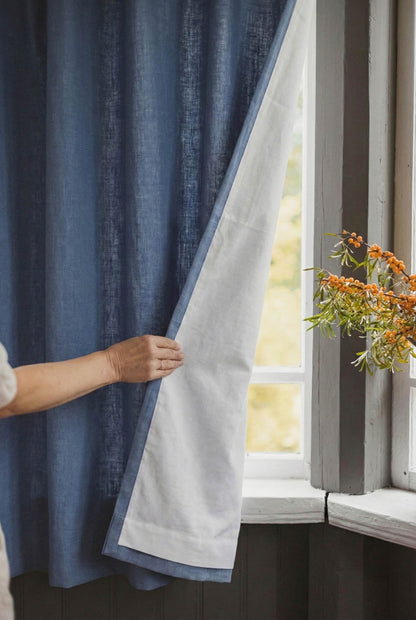 Denimblauer Leinen-Vorhang mit Baumwollfutter und multifunktionalem Kräuselband