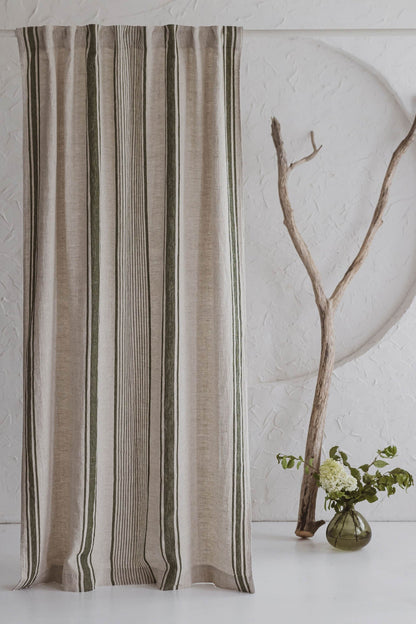 Leinenvorhang im französischen Stil mit grünen Streifen und multifunktionalem Gardinenband