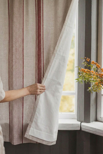 Leinen-Vorhang im französischen Stil mit kirschroten Streifen, Baumwollfutter und multifunktionalem Kräuselband