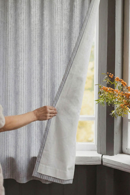 Grau-schwarz gestreifter Leinen-Vorhang mit Baumwollfutter und multifunktionalem Kräuselband