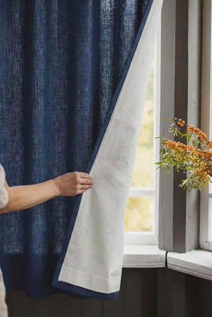 Mitternachtsblauer Leinen-Vorhang mit Baumwollfutter und multifunktionalem Kräuselband