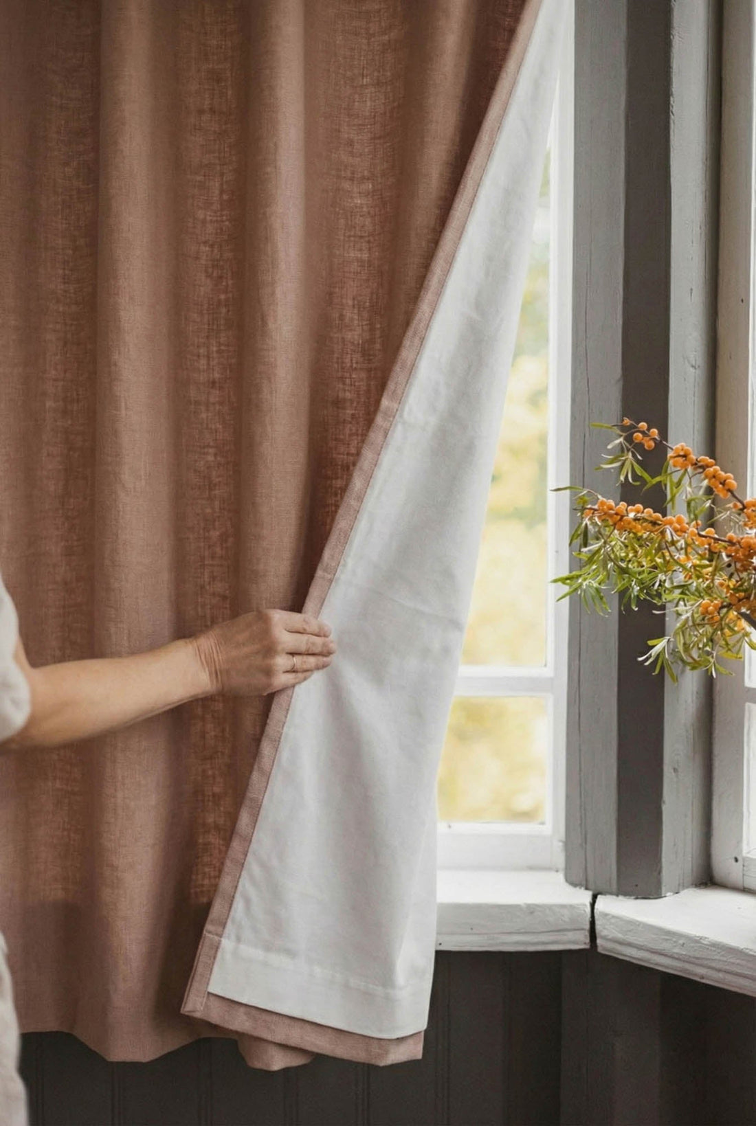 Leinen-Vorhang in Nebelrosa mit Baumwollfutter und multifunktionalem Kräuselband