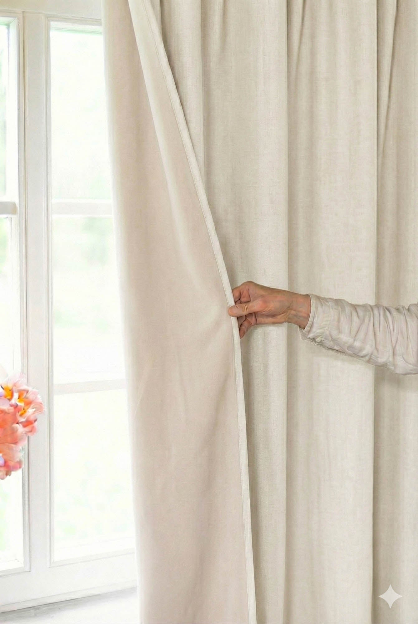 Verdunkelungsvorhang aus cremefarbenem Leinen mit multifunktionalem Kräuselband